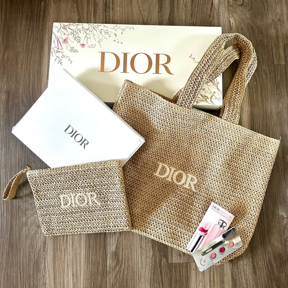 Dior NEW w Boxes 3 Piece Raffia Beige Woven Tote Bag & Zip Pouch GWP Embroidered - Picture 1 of 6